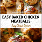 Golden baked chicken meatballs on a tray, showing easy chicken meatballs baked recipe with fresh herbs.